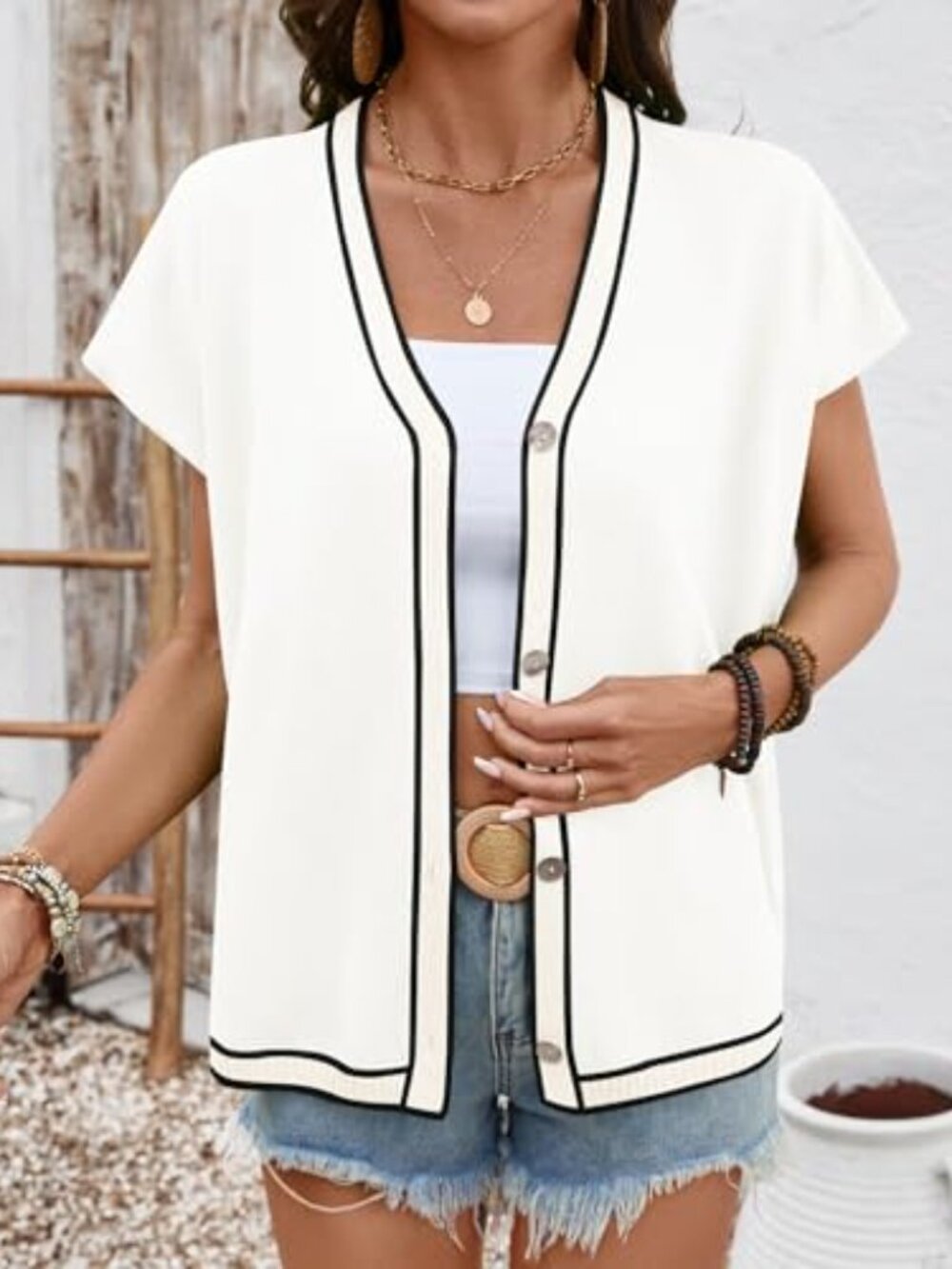 Oversized Short Sleeve V-Neck Button Cardigan Lightweight Knitted Trendy Sweater - Picture 4 of 7